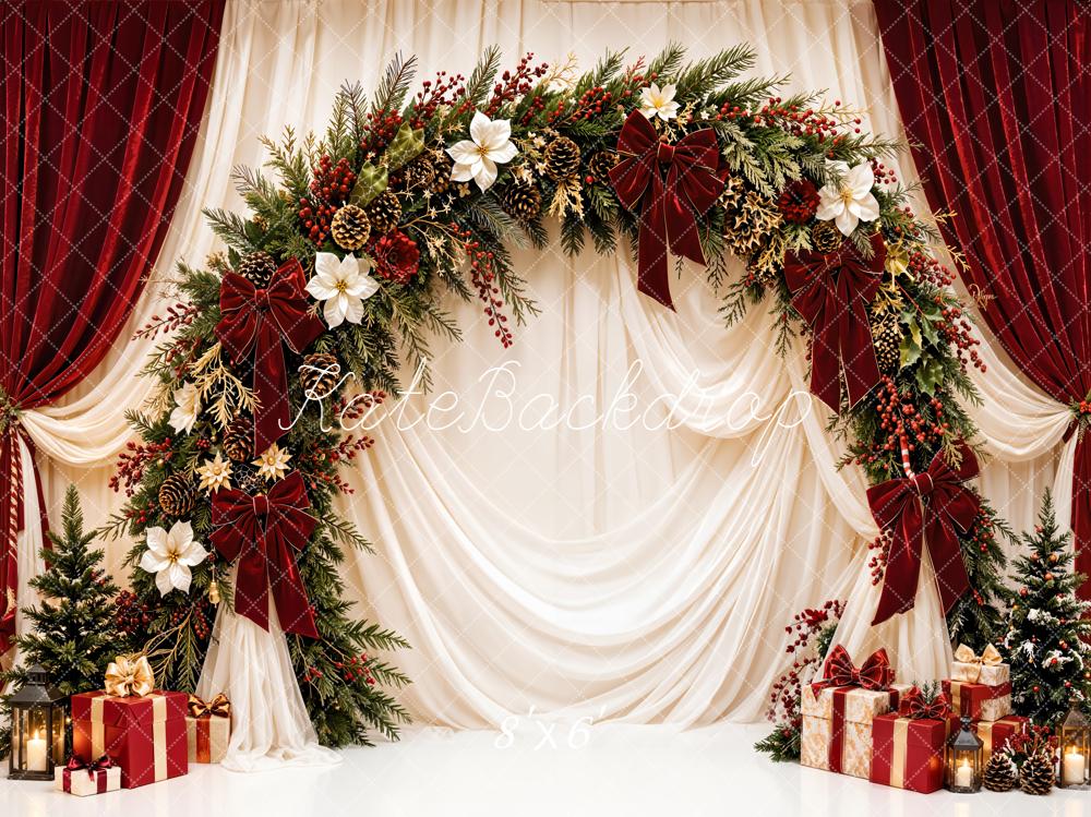 Kate Christmas Floral Garland Arch Red White Drapes Gifts Printed Backdrop Designed by Emetselch