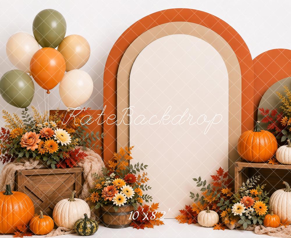 Kate Fall Cake Smash Pumpkins Floral Arch Balloons Printed Backdrop Designed by Shutter Swan Studios