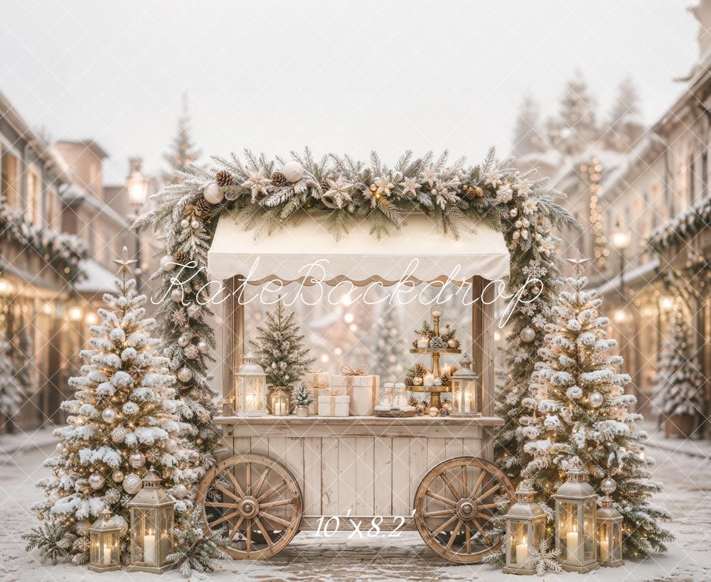Kate Christmas Snowy Street Market Cart Trees Lanterns Printed Backdrop Designed by Emetselch
