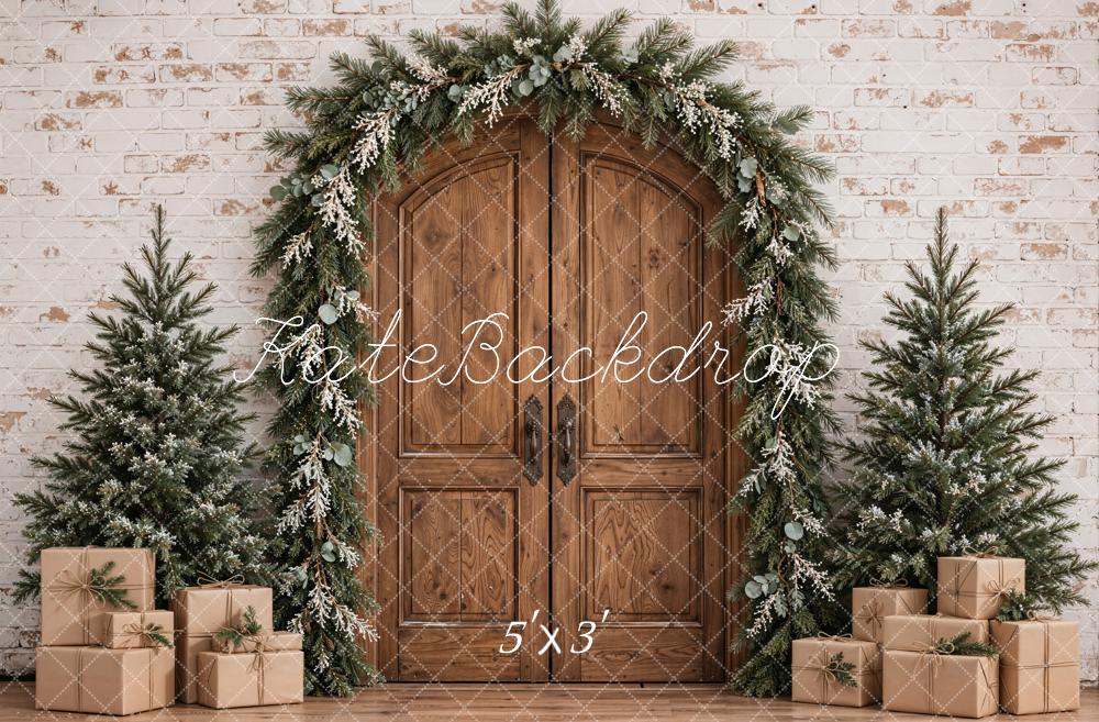 Kate Christmas Rustic Wood Arched Door Garland Trees Gifts Printed Backdrop Designed by Emetselch