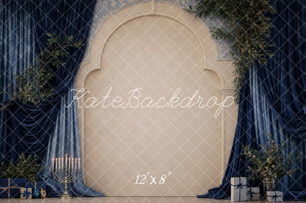 Kate Hanukkah Navy Drapes Arch Greenery Printed Backdrop Designed by Shutter Swan Studios