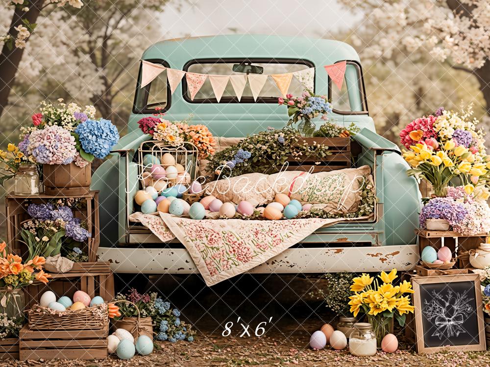 Kate Easter Spring Truck Pastel Eggs Flowers Printed Backdrop Designed by Emetselch