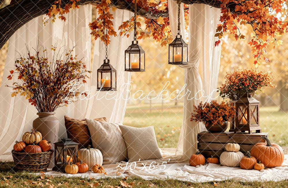 Kate Fall Branch Arch White Drapes Pumpkins Lanterns Cozy Printed Backdrop Designed by Emetselch