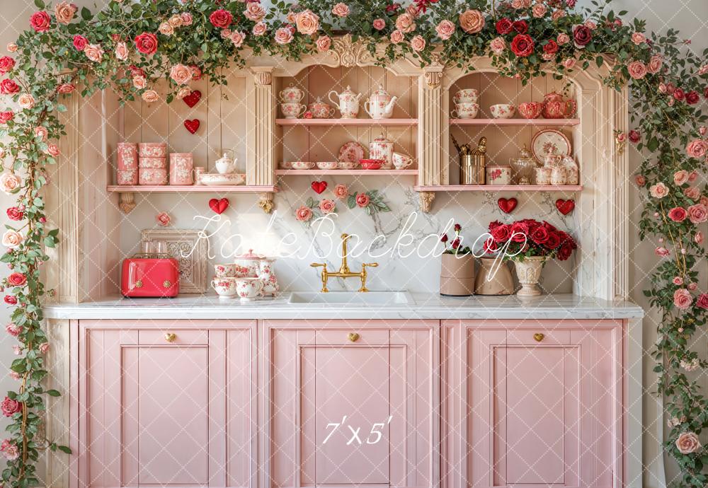 Kate Valentine's Day Pink Kitchen Flower Arch Backdrop Designed by Emetselch