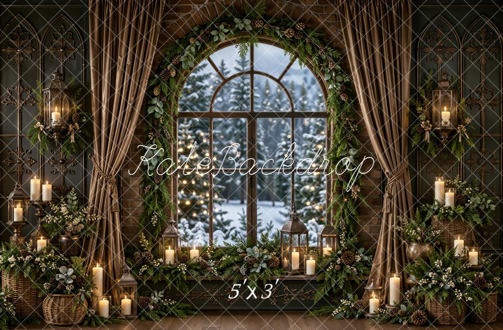 Kate Christmas Arched Window Candle Evergreen Garland Printed Backdrop Designed by Emetselch
