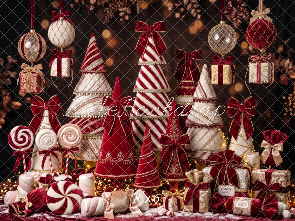 Kate Christmas Candy Cane Trees Red Velvet Ornaments Gifts Printed Backdrop Designed by Patty Roberts