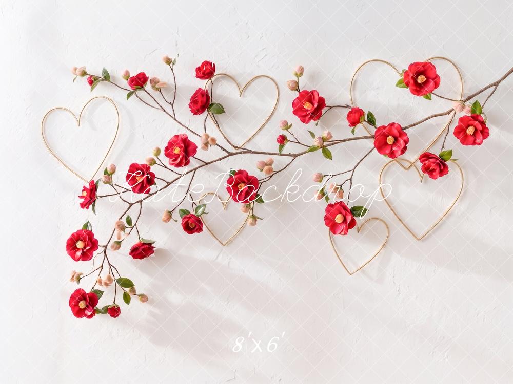 Kate Valentine's Day Red Flower Branch Gold Hearts Printed Backdrop Designed by Angela Miller