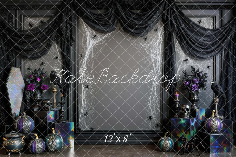 Kate Halloween Gothic Spider Web Skull Pumpkins Black Drapes Printed Backdrop Designed by Mini MakeBelieve