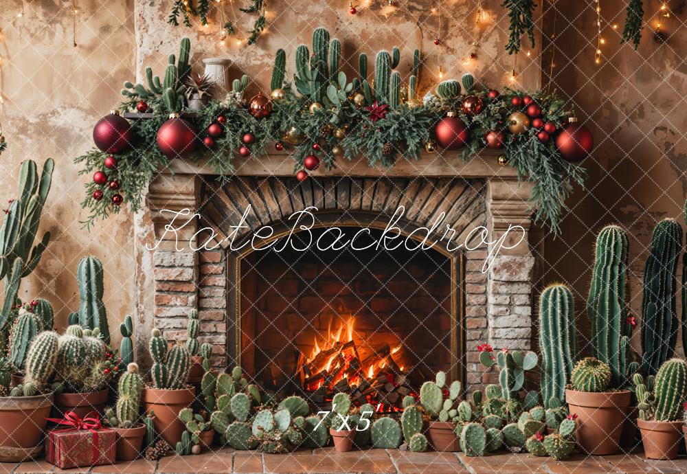 Kate Retro Wall Christmas Cactus Fireplace Printed Backdrop Designed by Emetselch, Microfiber (Printed) / 7x5ft