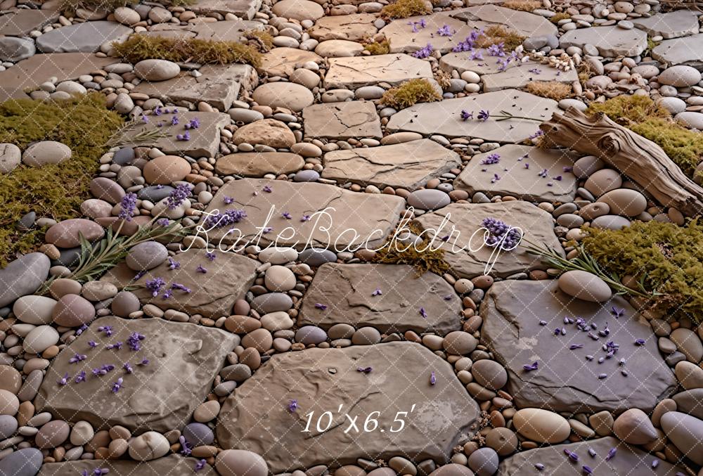Kate Stone Pathway Pebbles Moss Log Purple Flowers Floor Printed Backdrop Designed by Kate Image