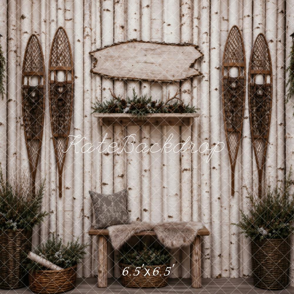 Kate Birch Log Wall Rustic Bench Snowshoes Printed Backdrop Designed by Vertigo Productions