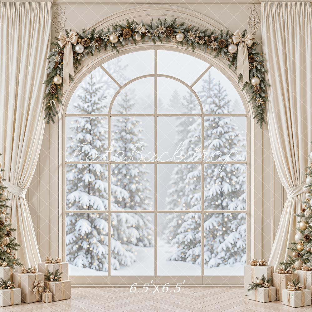 Kate Christmas Window Trees And Gifts Printed Backdrop Designed by Emetselch