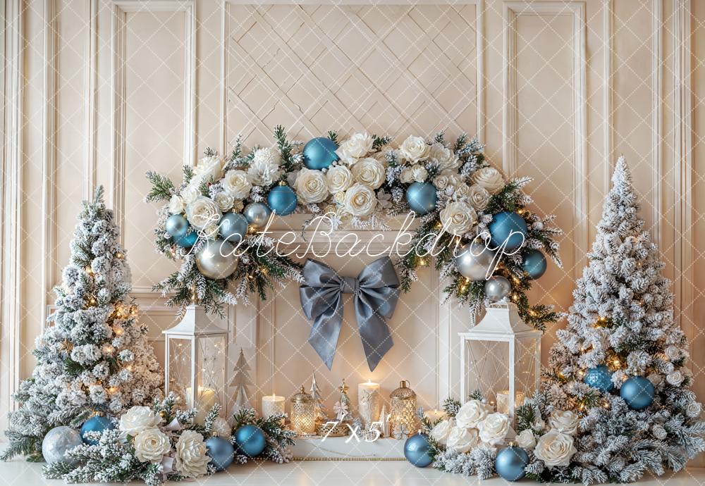 Kate Christmas Fireplace Flower Snowy Trees Bow Backdrop Designed by Emetselch