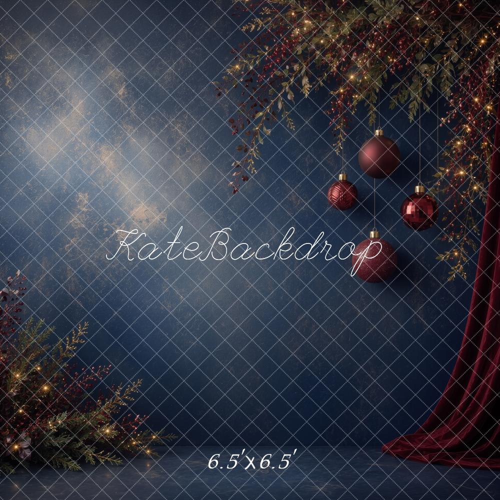 Kate Christmas Navy Abstract Ornaments Red Curtain Printed Backdrop Designed by Ashley Ward
