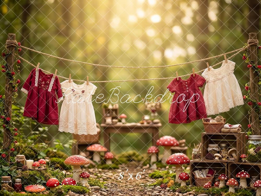 Kate Forest Clothesline Mushrooms Picnic Dress Printed Backdrop Designed by Patty Roberts