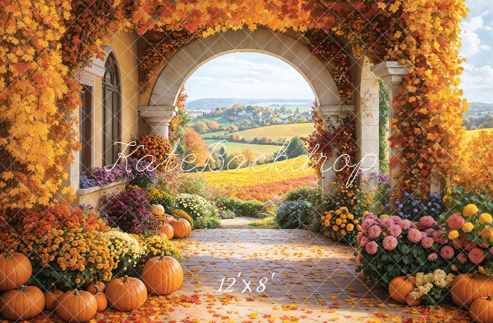 Fall Floral Pumpkin Retro Archway Field Foto Achtergrond Designed by Emetselch