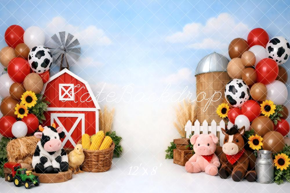 Kate Cake Smash Farm Barn Animals Balloons Sunflowers Printed Backdrop Designed by Vertigo Productions