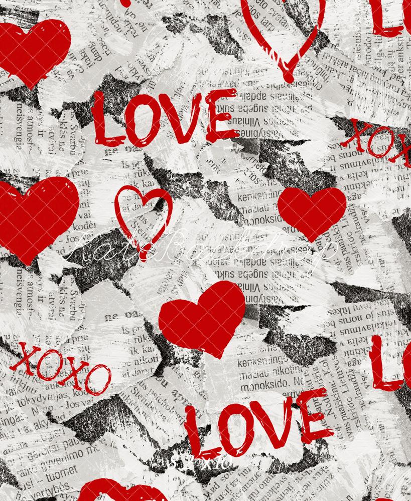 Kate Valentine's Day Red Hearts Graffiti Newspaper Collage Printed Backdrop Designed by Emetselch