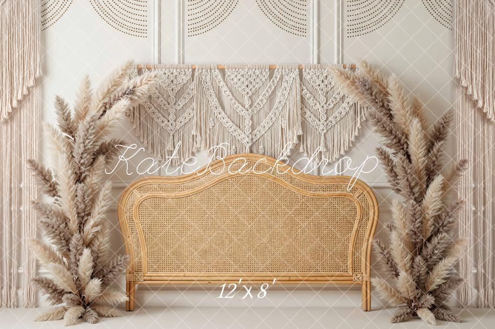 Kate Boho Macrame Rattan Headboard Pampas Grass Printed Backdrop Designed by Mini MakeBelieve