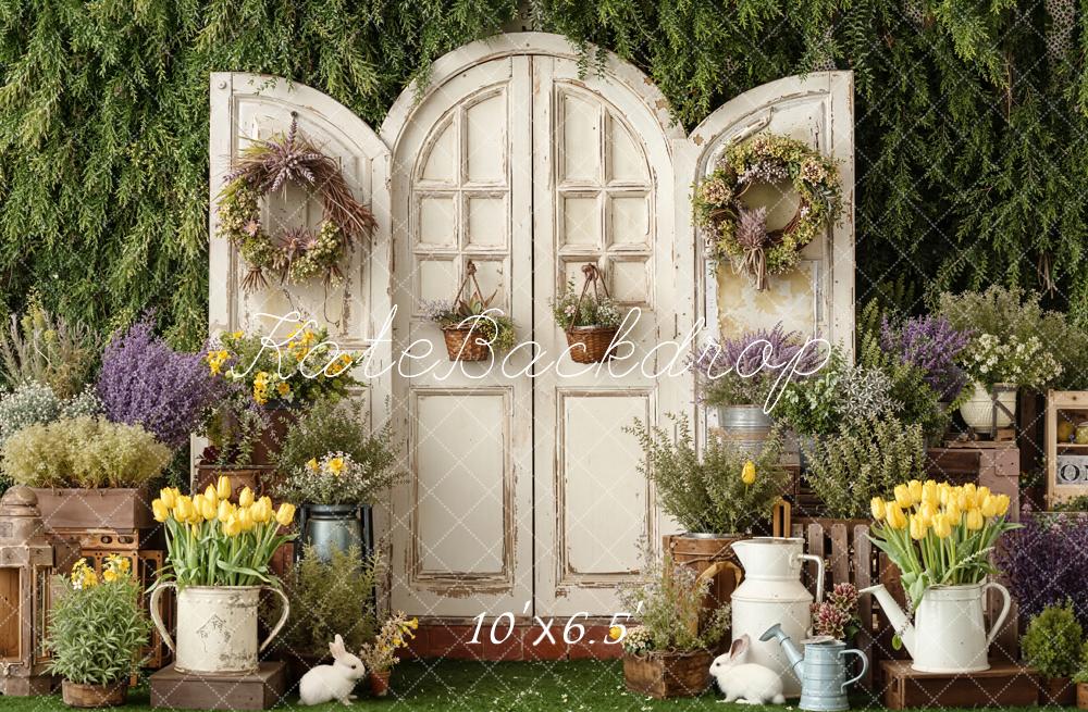 Kate Spring Flower Garden Rustic Door Wreaths Bunnies Printed Backdrop Designed by Emetselch