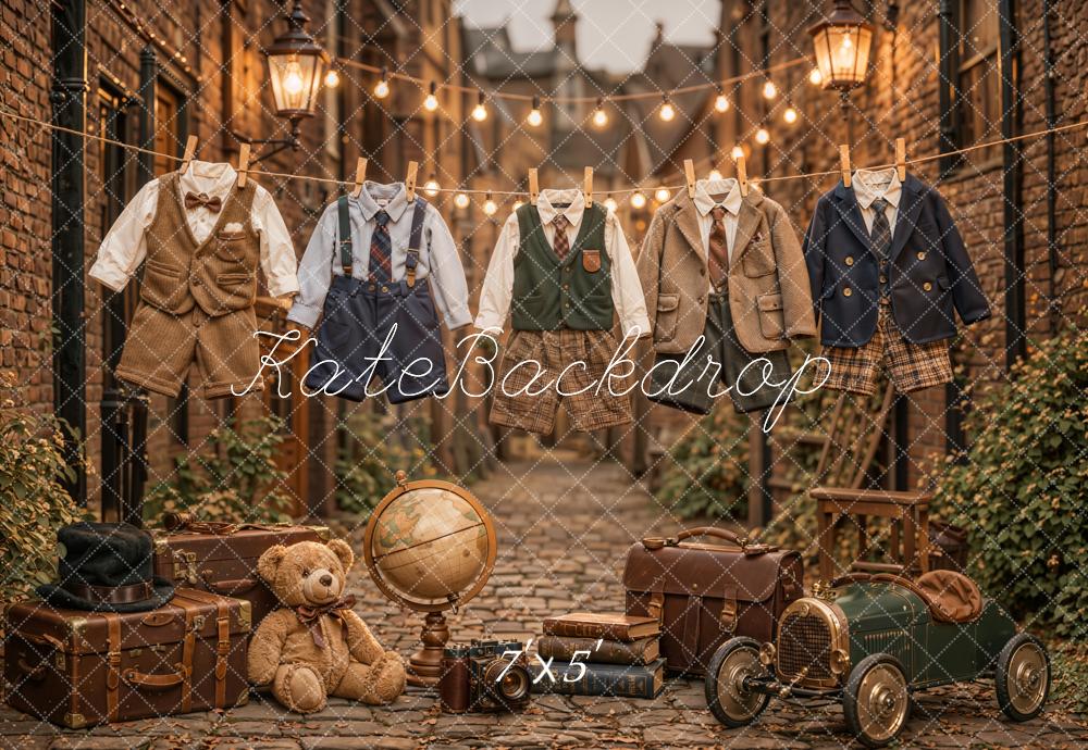 Kate Vintage Alleyway Boys Outfits Teddy Bear Suitcases Toy Car Printed Backdrop Designed by Emetselch