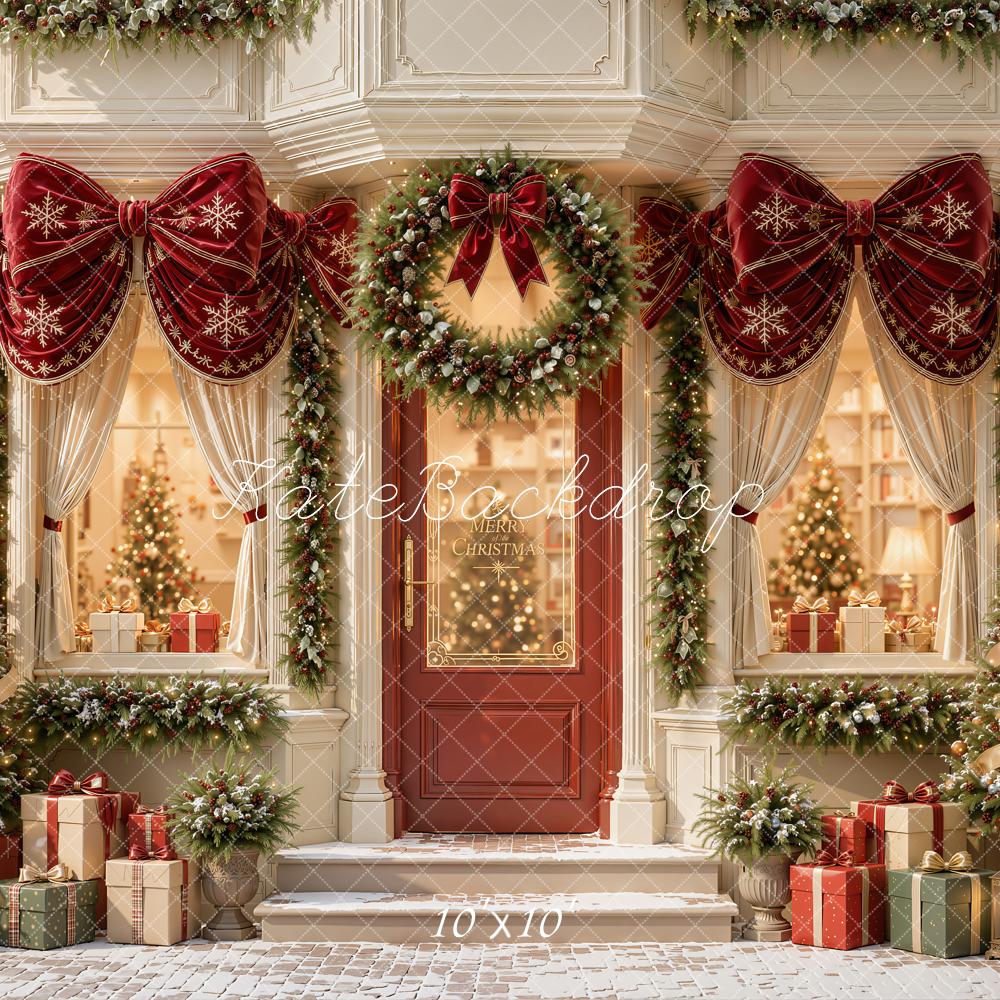 Kate Christmas Doorway Boutique Red Bow Garland Christmas Trees Printed Backdrop Designed by Emetselch