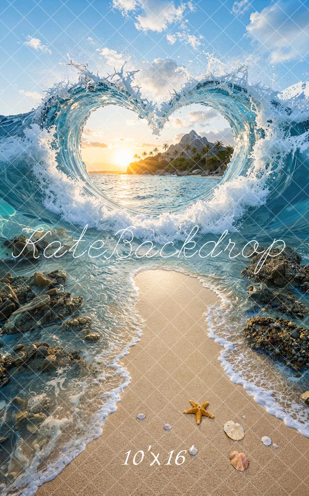 Kate Sweep Summer Beach Blue Ocean Wave Heart Wave Sunset Printed Backdrop Designed by Ashley Ward