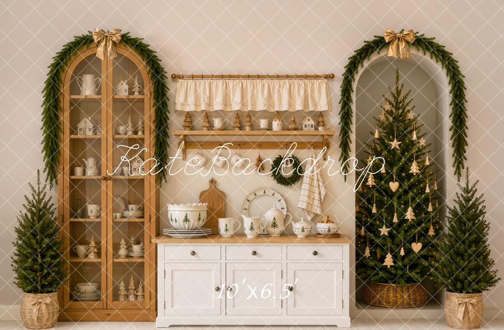 Kate Christmas Tree Modern Kitchen Cabinet Garland Gold Bow Printed Backdrop Designed by Emetselch