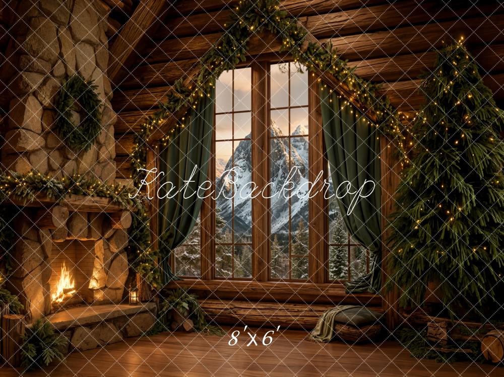 Kate Christmas Rustic Cabin Fireplace Tree Window Backdrop Designed by Emetselch