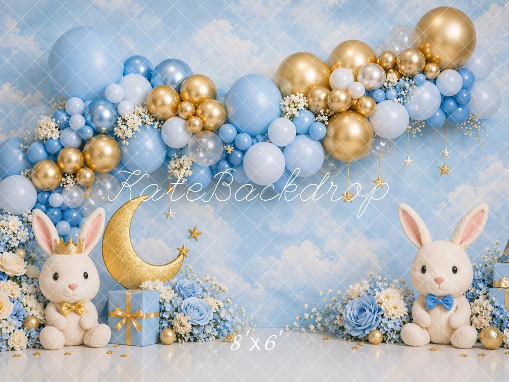 Kate Cake Smash Blue Bunny Balloon Arch Moon Stars Printed Backdrop Designed by Caitlin Lynch