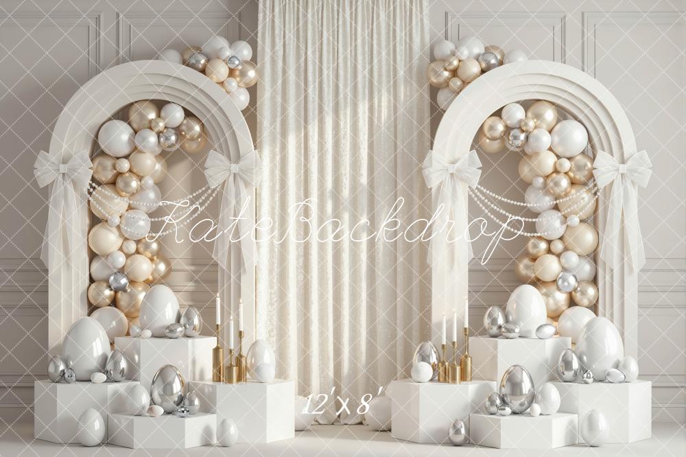Kate Easter Balloon Arch White Silver Gold Eggs Printed Backdrop Designed by Mini MakeBelieve