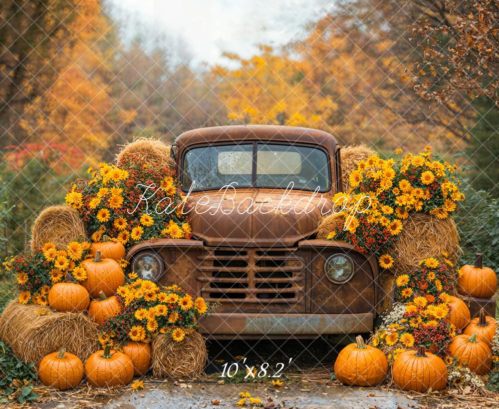 Kate Fall Vintage Truck Pumpkins Hay Bales Sunflowers Backdrop Designed by Emetselch