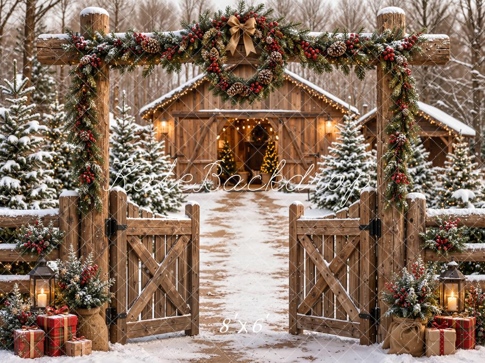 Kate Christmas Garland Rustic Gate Snowy Cabin Path Printed Backdrop Designed by Emetselch