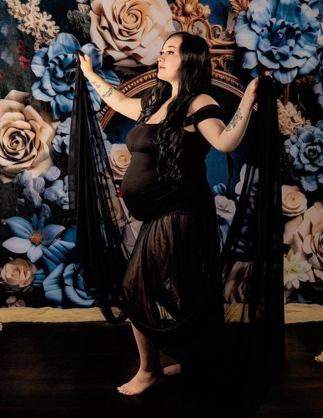 Kate Fine Art Blue Cream Floral Gold Frame Cement Maternity Backdrop Designed by Mini MakeBelieve