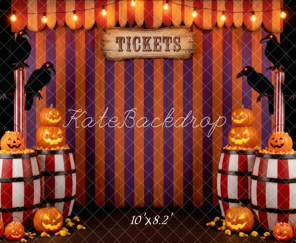 Kate Halloween Circus Pumpkins Barrels Striped Curtain Backdrop Designed by Patty Roberts