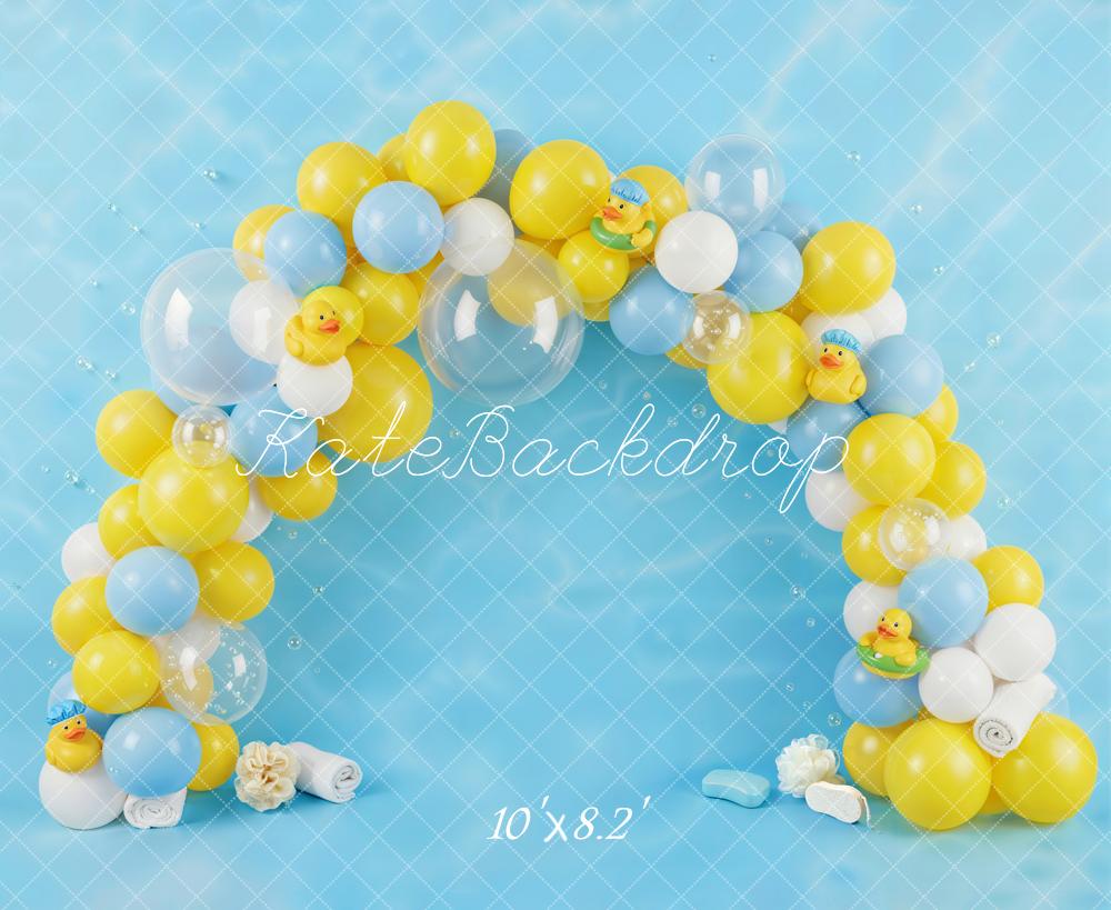 Kate Cake Smash Balloon Arch Rubber Duck Blue Yellow Printed Backdrop Designed by Emetselch