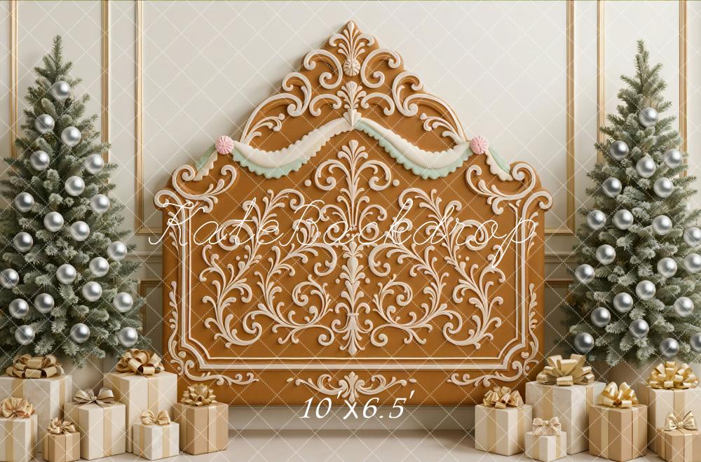 Kate Christmas Gingerbread Headboard Trees Gifts Backdrop Designed by Mini MakeBelieve