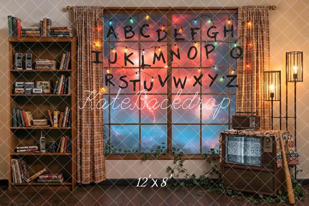 Kate Retro Living Room Alphabet String Lights Window Printed Backdrop Designed by Emetselch