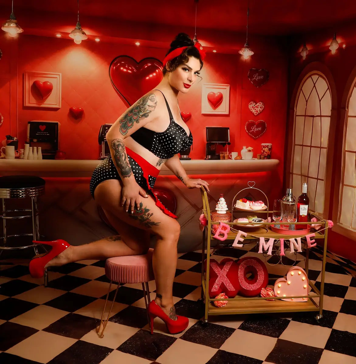 Kate Valentine's Day Romantic Red Heart Arched Window Backdrop for Photos Designed by Emetselch