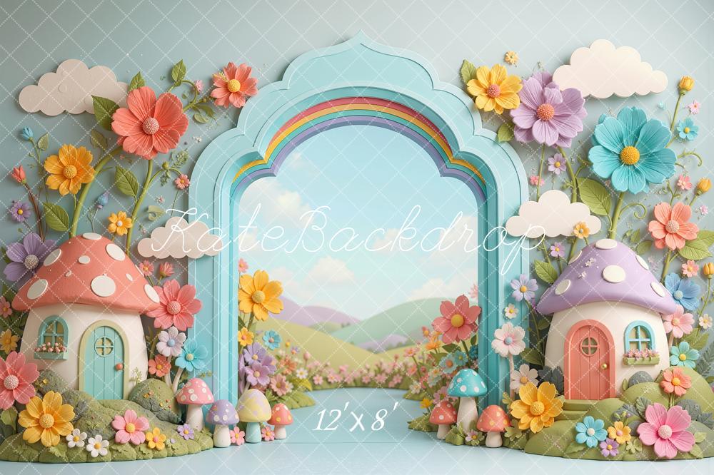 Kate Cake Smash Mushroom Houses Arch Flowers Rainbow Printed Backdrop Designed by Shutter Swan Studios