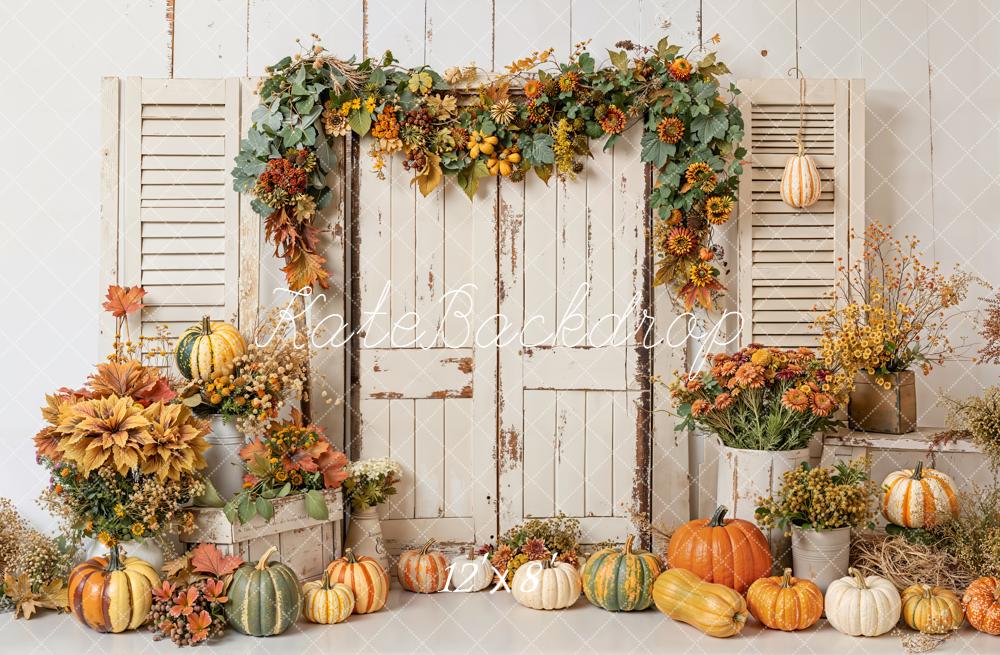 Kate Fall Pumpkins Floral White Door Leaves Backdrop Designed by Emetselch