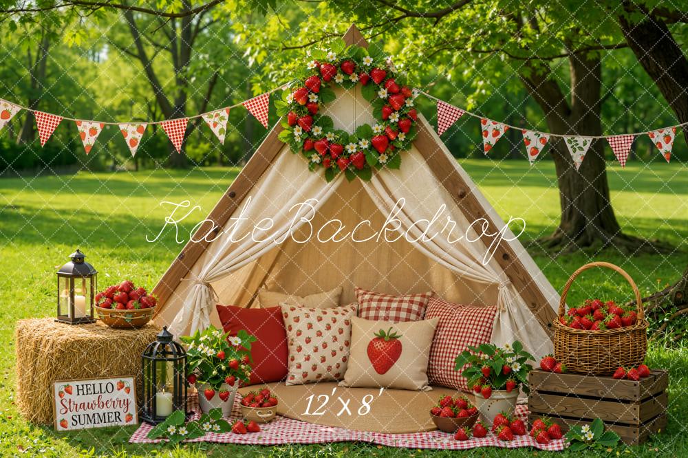 Kate Summer Strawberry Tent Picnic Wreath Forest Printed Backdrop Designed by Emetselch