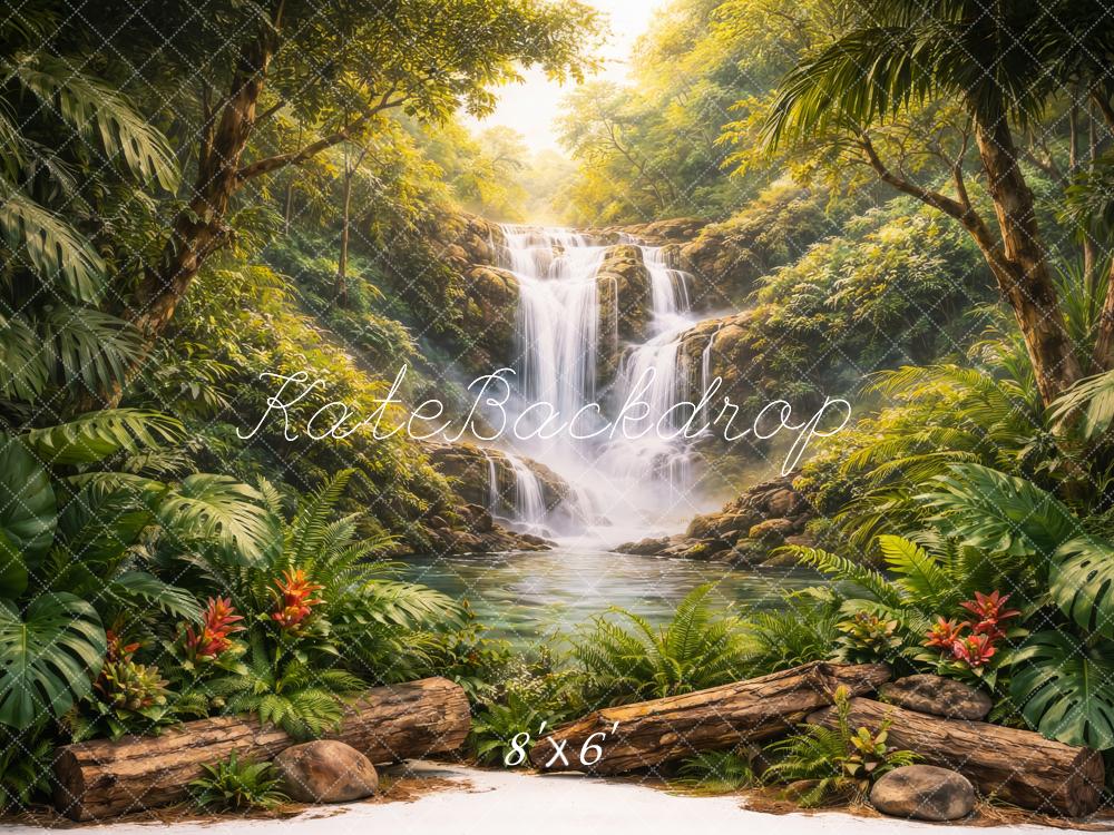 Kate Jungle Waterfall Logs Tropical Plants Printed Backdrop Designed by Megan Leigh Photography