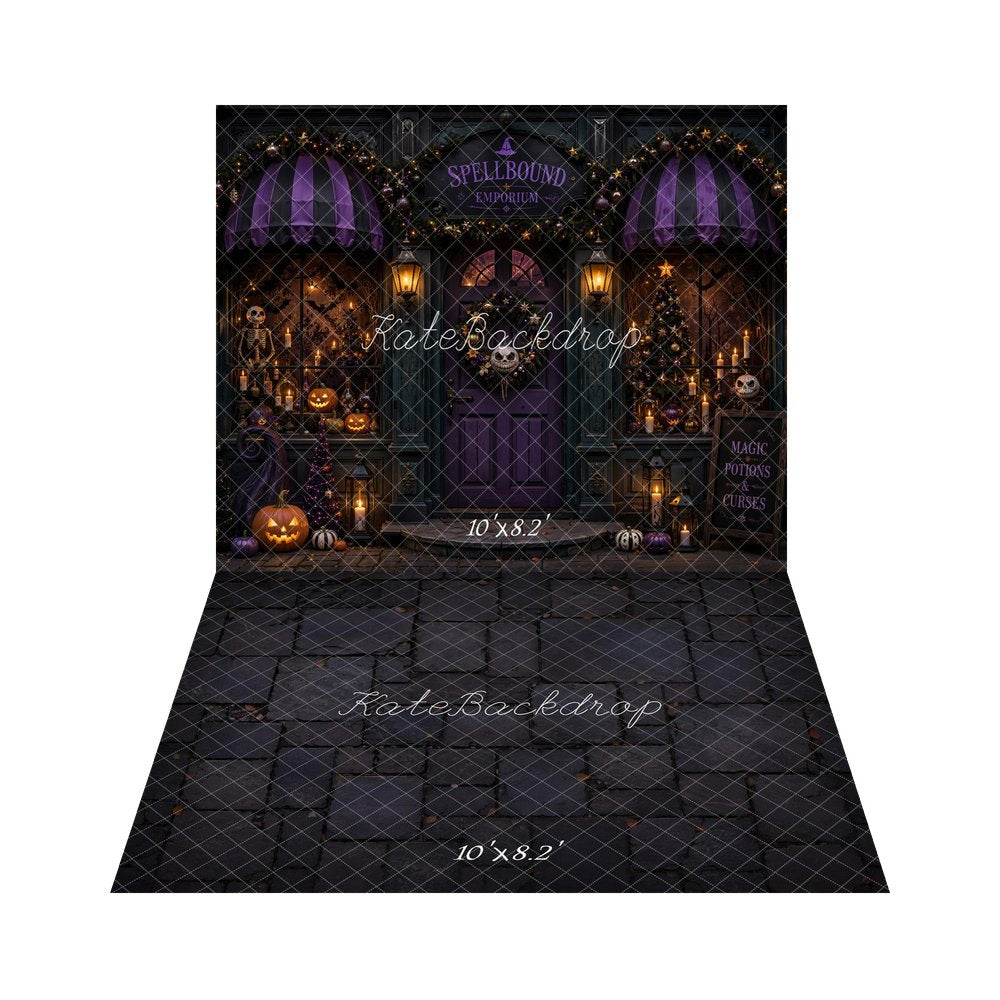 Kate Halloween Shop Doorway Purple Pumpkins Skeleton Candles Printed Backdrop+Black Cobblestone Floor Printed Backdrop