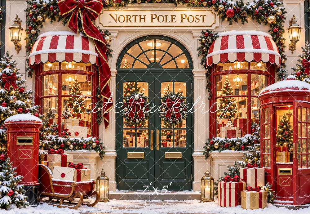 Kate Christmas North Pole Post Office Storefront Red Green Snow Printed Backdrop Designed by Emetselch