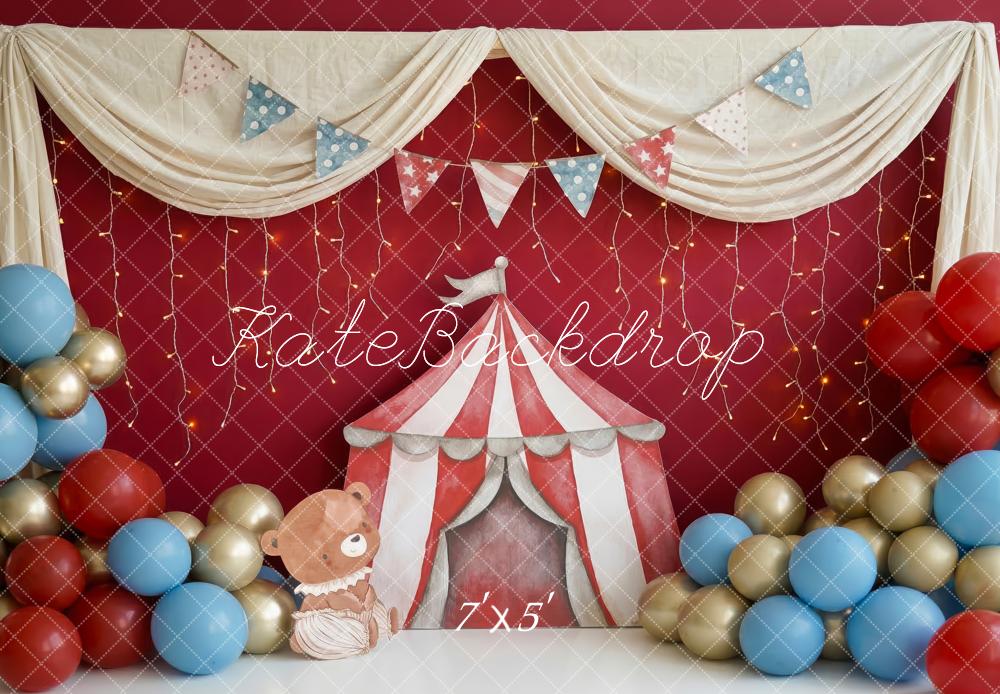 Kate Cake Smash Circus Tent Bear Balloons Red Printed Backdrop Designed by Patty Roberts