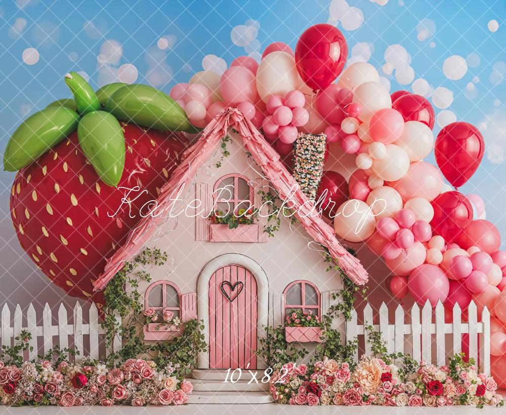 Cake Smash Zomer Aardbei Huis Ballonnen Bloemen Foto Achtergrond Designed by Emetselch