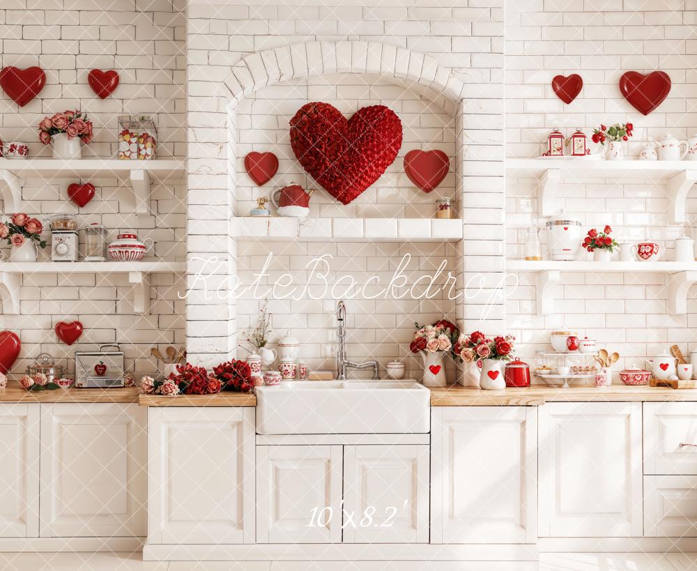 Kate Valentine's Day Red Heart Kitchen White Shelves Roses Backdrop Designed by Emetselch