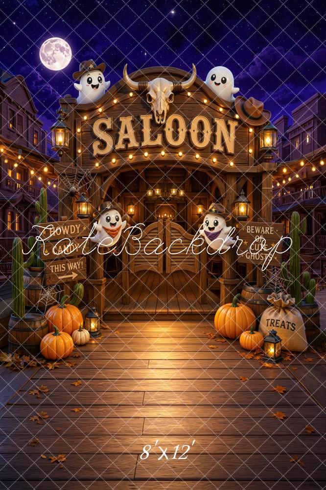 Kate Halloween Trunk or Treat Western Saloon Ghosts Pumpkins Skull Printed Backdrop Designed by Mini MakeBelieve