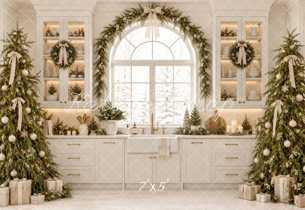 Kate Christmas White Kitchen Cabinet Window Trees Garland Printed Backdrop Designed by Emetselch